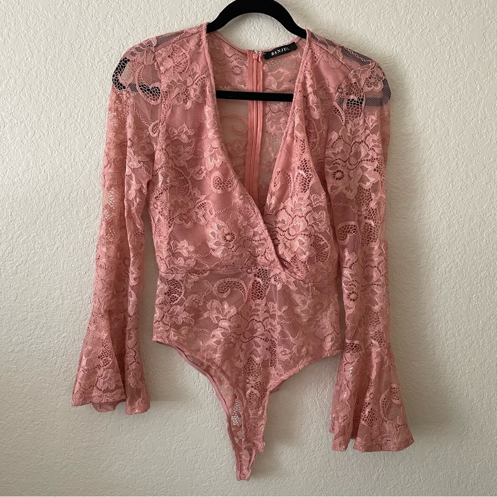 BANJUL Lacey rose pink bodysuit - plunge/deep v neck sz. large